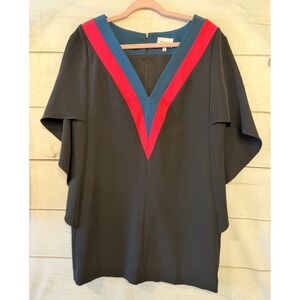 MILLY Black V-Neck‎ Cape Dress Red Blue Trim Size 8 Made in USA